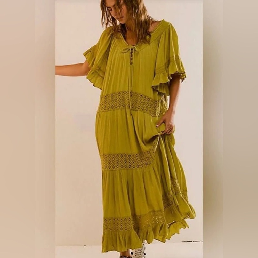 Free People Dream On Maxi Dress Olive Gilded Line Size S